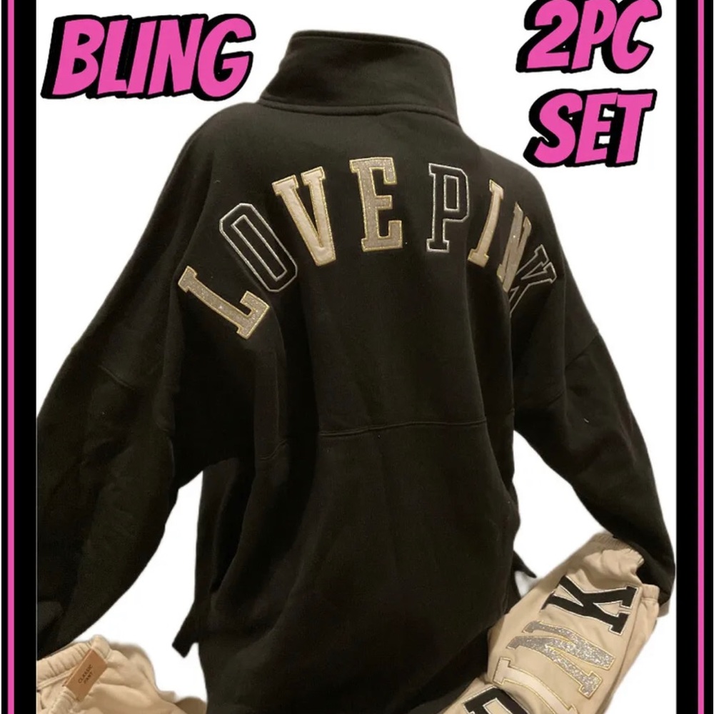 NEW VICTORIAS SECRET PINK BLING VARSITY FULL ZIP & LEGGINGS or JOGGERS 2PC SET - Picture 2 of 8